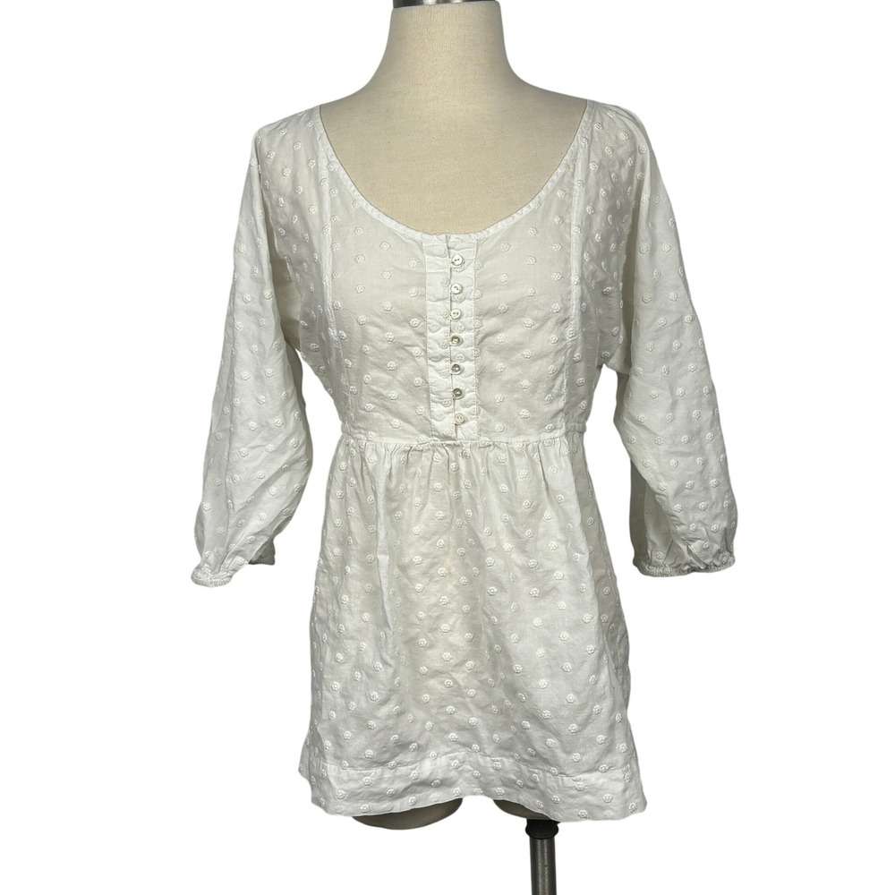 Banana Republic Womens White Swiss Dot Babydoll Top M Cotton Cottagecore Peasant